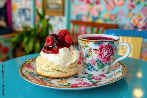 Thai tea scone with clotted cream, high-resolution image for culinary use.