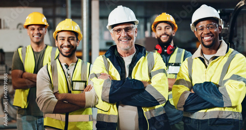 Men, group and construction worker with arms crossed, smile and safety with helmet, portrait and team. Business, employees and happy for collaboration in building, proud or people with project in USA