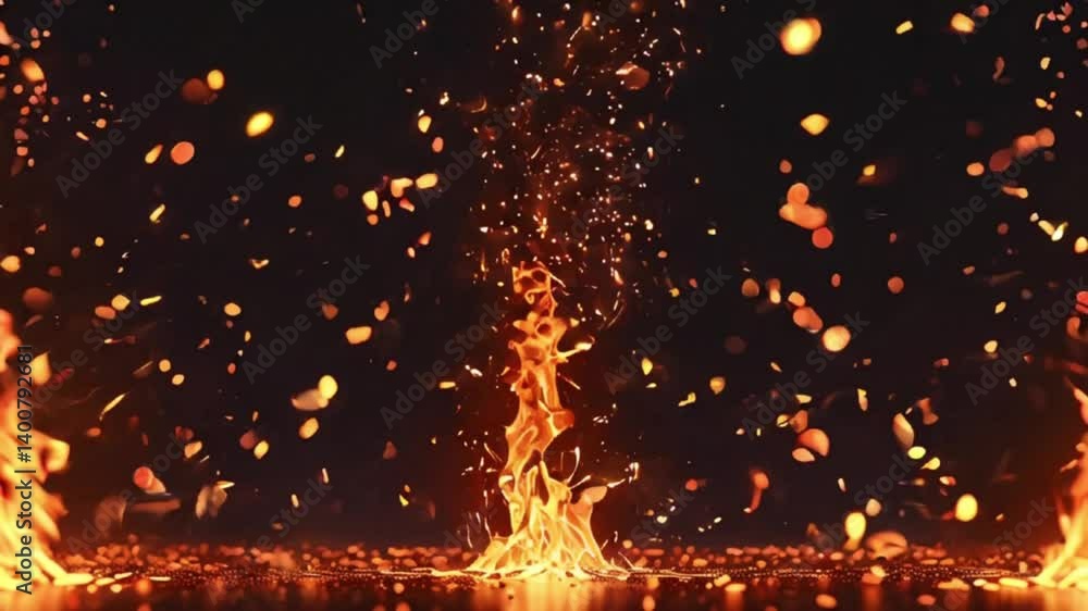 Intense fire flames with sparks and embers dark background fiery glow hot embers rising