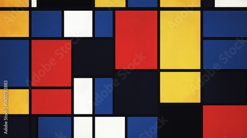 Abstract geometric painting with red, blue, yellow, and white squares