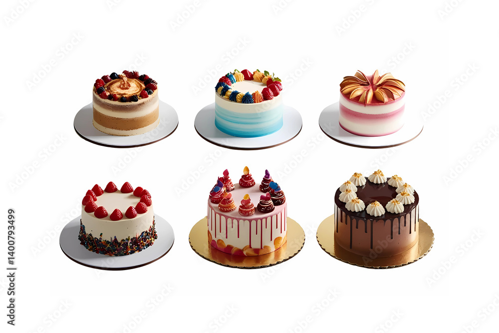 Vector set of happy birthday party cakes with candles frosting cream decorations and vibrant color layers perfect for digital celebration content banners cards and invites Vector set of happy birthday party cakes with candles frosting cream decorations and vibrant color layers perfect for digital celebration content banners cards and invites