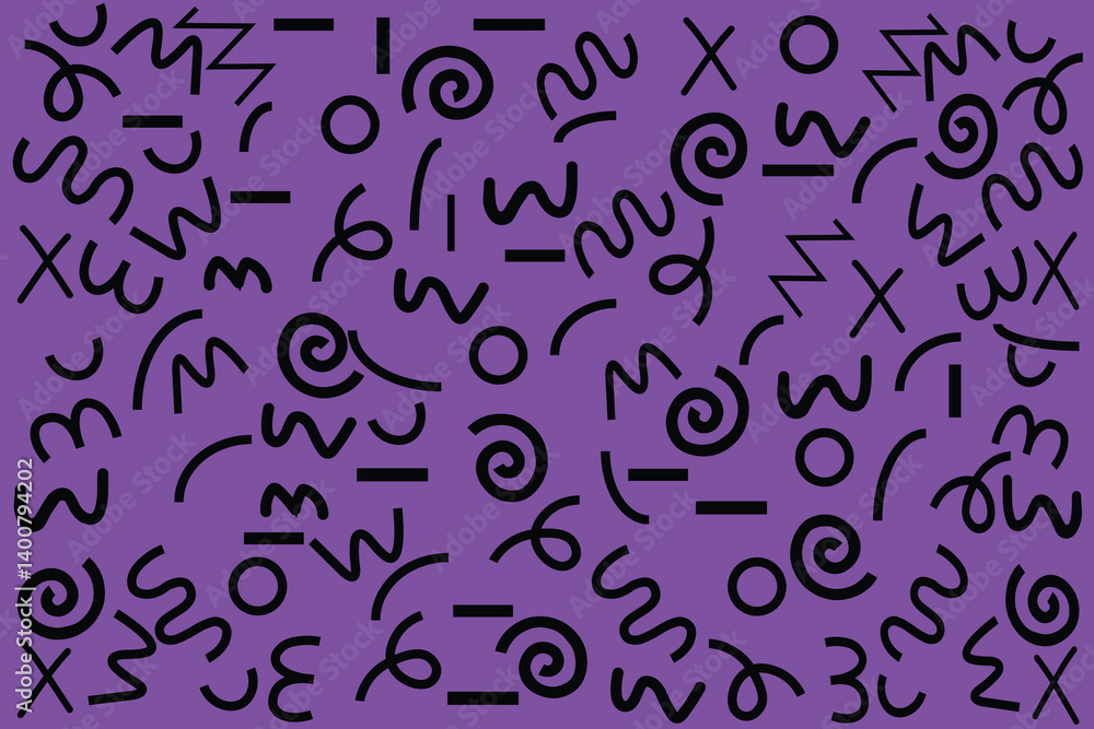 Memphis geometric seamless pattern. Monochrome abstract background in retro 80s, 90s style with various shapes circles, semicircles, dots, zigzags, spirals, wavy lines. Cute kid doodle design. black Memphis geometric seamless pattern. Monochrome abstract background in retro 80s, 90s style with various shapes circles, semicircles, dots, zigzags, spirals, wavy lines. Cute kid doodle design. black