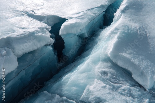 A side view reveals a glacial crack forming under natural light, exposing layers of ancient ice and showcasing accelerated melt.