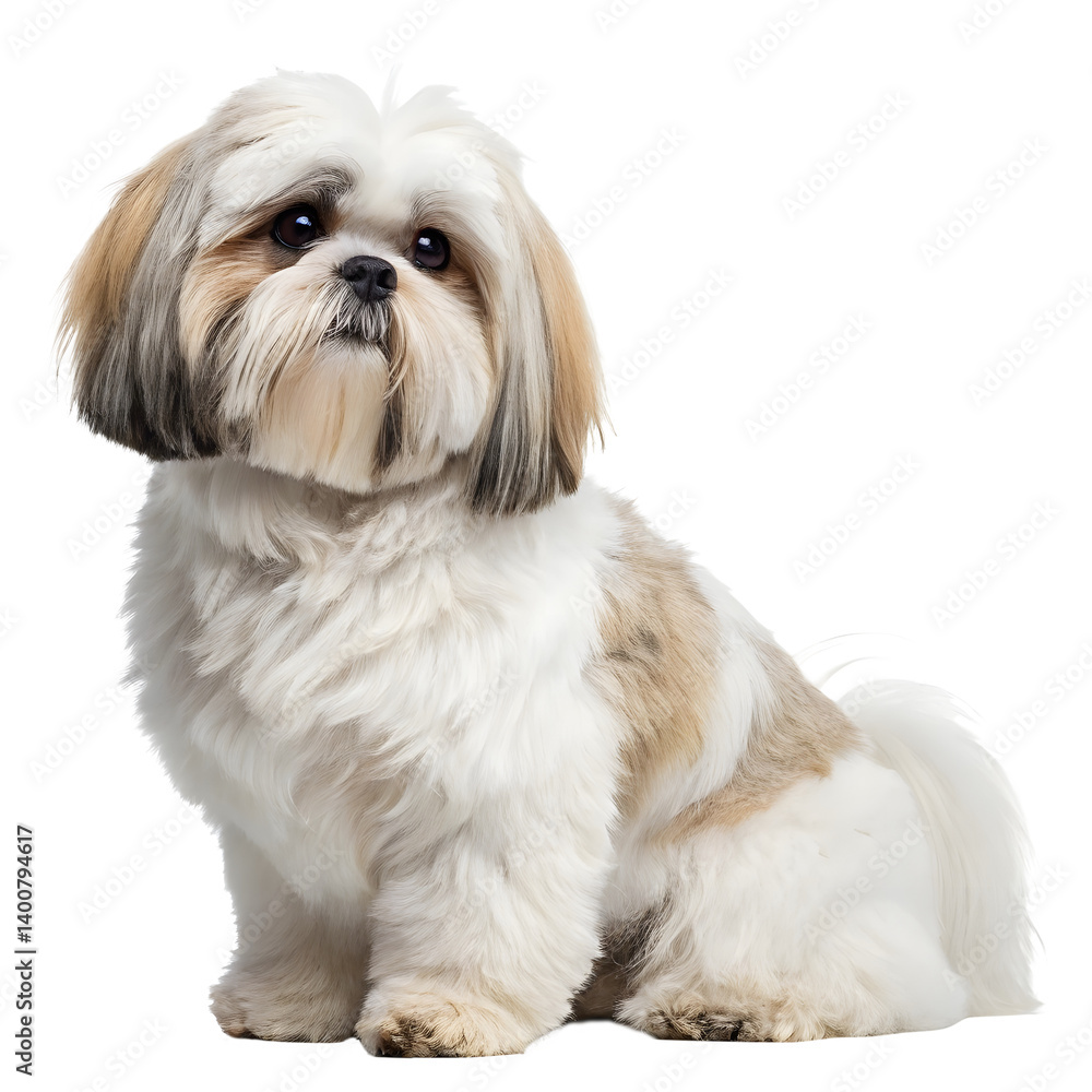 Adorable Shih Tzu puppy sitting in front with fluffy white fur on a pure white background Adorable Shih Tzu puppy sitting in front with fluffy white fur on a pure white background