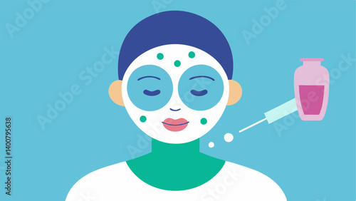 Cooling Treatment A vector image of a facial mask infused with exosomes being applied to a persons face illustrating the soothing and treatment benefits for enlarged pores.