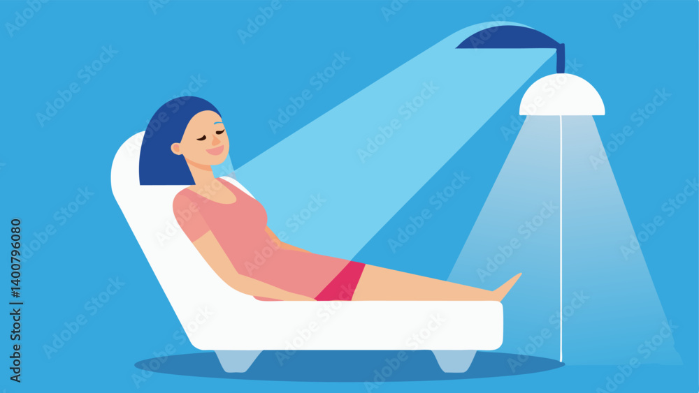Light Therapy A woman relaxing under a LED light therapy device with rays of light emanating towards her face signifying rejuvenating light treatments for collagen boost. Light Therapy A woman relaxing under a LED light therapy device with rays of light emanating towards her face signifying rejuvenating light treatments for collagen boost.