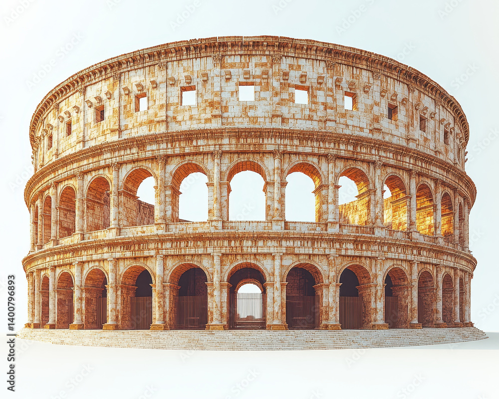 Naklejka premium Detailed Image of Ancient Roman Amphitheatre Isolated on White Background Front View Architectural Wonder