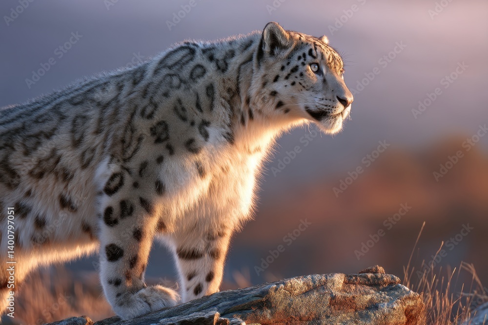 Obraz premium A snow leopard stands poised on a rocky outcrop, bathed in the warm glow of dawn light, revealing intricate fur textures and focused eyes above a vast valley.