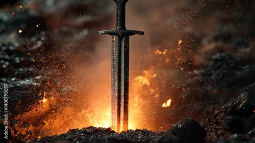 Forged steel sword stands upright amidst burning embers and sparks of fire in a dark, gritty forge setting.