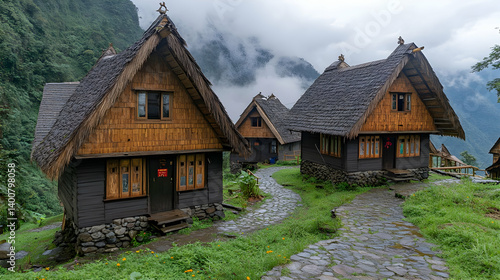 Obraz na płótnie Rural Village with Stone Houses and Thatched Roofs Amidst Greenery in Hilly Region on a Cloudy Day with Stone Pathway Tranquil Scene w salonie