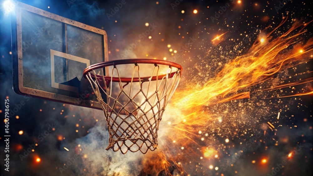 Fiery Basketball Hoop Action Intense Game Moment Captured in Dramatic Lighting with Exploding Flames and Smoke Fiery Basketball Hoop Action Intense Game Moment Captured in Dramatic Lighting with Exploding Flames and Smoke