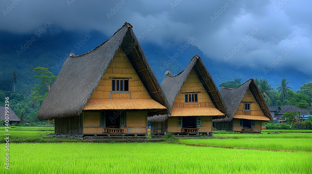 Rural Village with Thatched Roof Huts in Green Rice Fields with Lush Vegetation and Distant Mountain Range Under Cloudy Sky Rural Village with Thatched Roof Huts in Green Rice Fields with Lush Vegetation and Distant Mountain Range Under Cloudy Sky