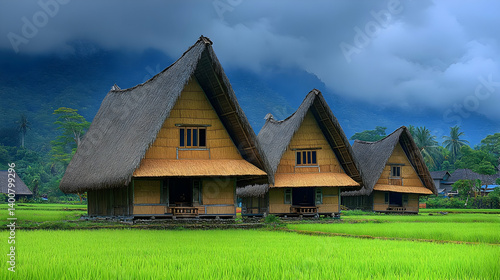 Obraz na płótnie Rural Village with Thatched Roof Huts in Green Rice Fields with Lush Vegetation and Distant Mountain Range Under Cloudy Sky w salonie