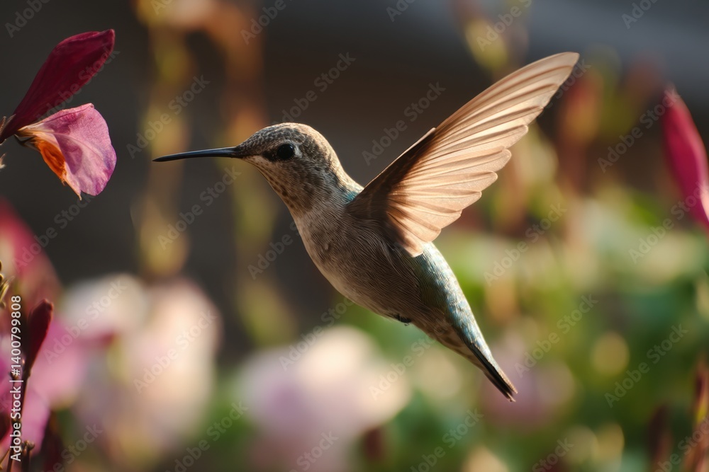 Fototapeta premium A hummingbird sips nectar from a vibrant flower in the soft light of sunrise, showcasing intricate detail and a peaceful, natural moment.