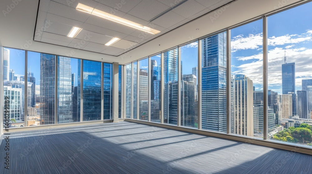 Office space with large glass windows showcasing a beautiful city skyline. Office space with large glass windows showcasing a beautiful city skyline.