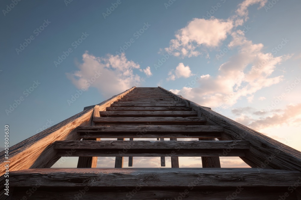 Obraz premium A wooden staircase ascends toward a dusk sky filled with soft clouds, bathed in gentle light and showcasing intricate wood grain detail.