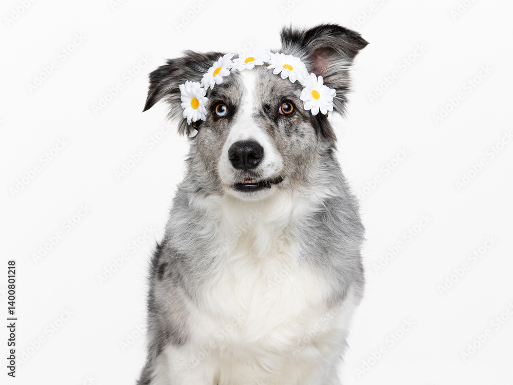 Head shot of an attentive blue merle Border Collie with flower ribbon, sitting up, looking towards camera, isolated on white Head shot of an attentive blue merle Border Collie with flower ribbon, sitting up, looking towards camera, isolated on white