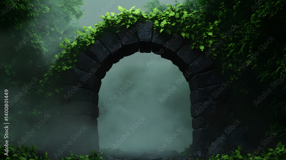 A ruined stone archway leading into a dark forest, with fog swirling around the ancient stones.
A ruined stone archway leading into a dark forest, with fog swirling around the ancient stones.