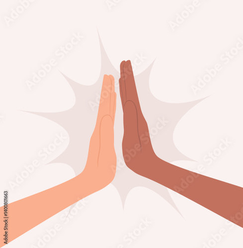Two people of different nationalities and skin tones giving high five. Flat vector illustration