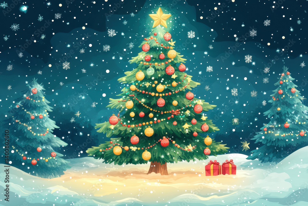 Obraz premium Christmas tree surrounded by beautifully wrapped presents and twinkling lights, creating a warm and festive holiday atmosphere.