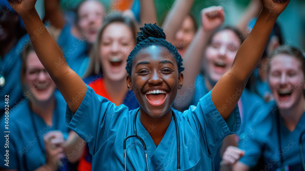 Celebrating medical education - Diverse team of students wearing nurse uniform cheers for joy