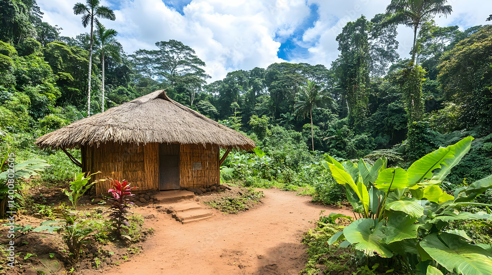Rustic Thatched Hut in a Vibrant Green Jungle Setting Under a Bright Sky with a Dirt Path and Dense Tropical Vegetation