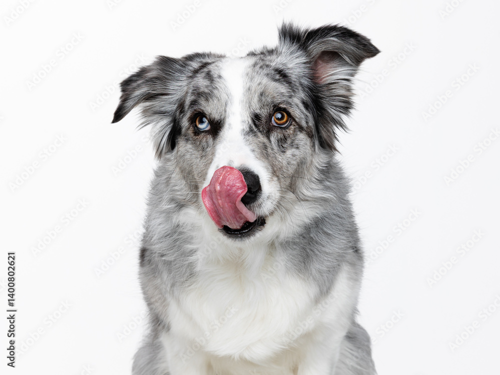 Head shot of an attentive blue merle Border Collie licking nose, sitting up, looking towards camera, isolated on white Head shot of an attentive blue merle Border Collie licking nose, sitting up, looking towards camera, isolated on white