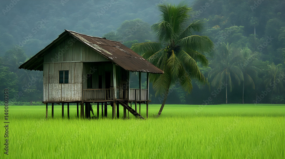 Rustic Wooden House on Stilts Surrounded by Lush Green Rice Field with Mountainous Backdrop and a Solitary Tree in Tranquil Daytime Setting