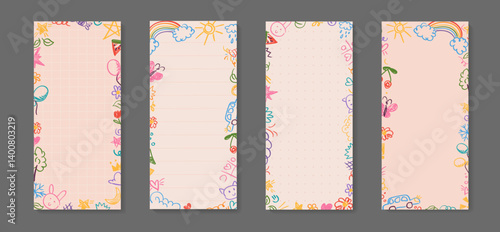 Cute planner memo set. Notebook vertical page designs for memo notes, lists, ideas. Doodle scribbles, crayon drawings for colorful diaries in kids childish style. Printable flat vector illustration