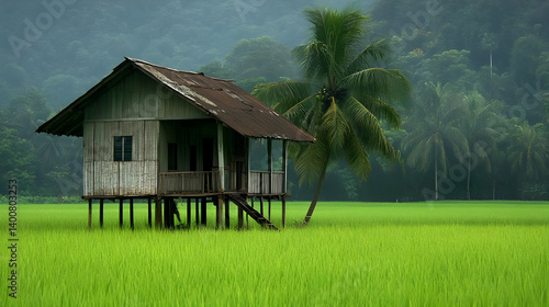 Rustic Wooden House on Stilts Surrounded by Lush Green Rice Field with Mountainous Backdrop and a Solitary Tree in Tranquil Daytime Setting