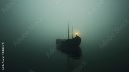 A mysterious ship sailing through a fog-covered sea, with only its dim lanterns visible through the mist.

