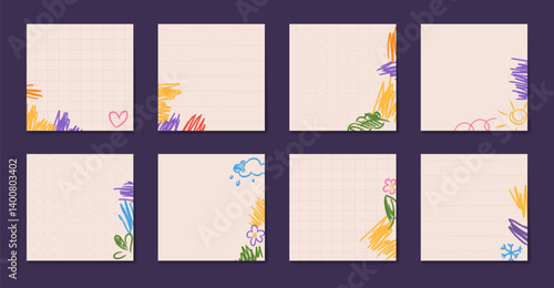 Cute Hand-Drawn memo pages for notepad, planner, sticky note, diary. Vector Illustration with doodles, colorful children scribbles, stickers.