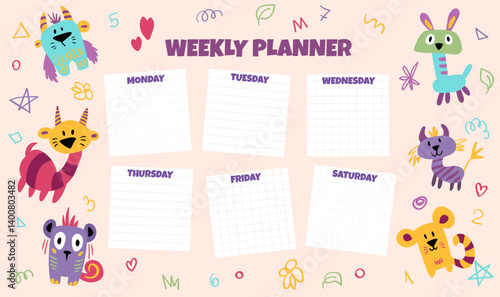 Weekly planner, back to school timetable template with cute kind monster dinosaurs. Kids schedule design template. Vector children flat illustration