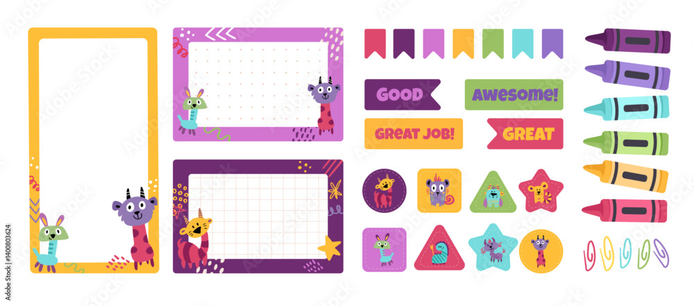 Cute set of printable weekly or daily planner with kind monsters, note paper design, school timetable, template and to do list. and cute stickers of different shapes. Vector children illustration Cute set of printable weekly or daily planner with kind monsters, note paper design, school timetable, template and to do list. and cute stickers of different shapes. Vector children illustration