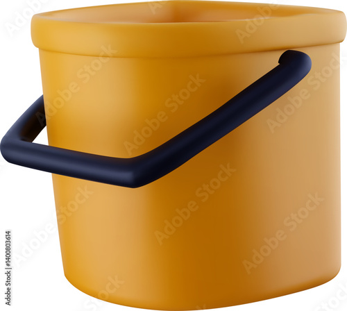 Plastic yellow bucket for water in 3d realistic glossy soft style. Cartoon vector illustration.