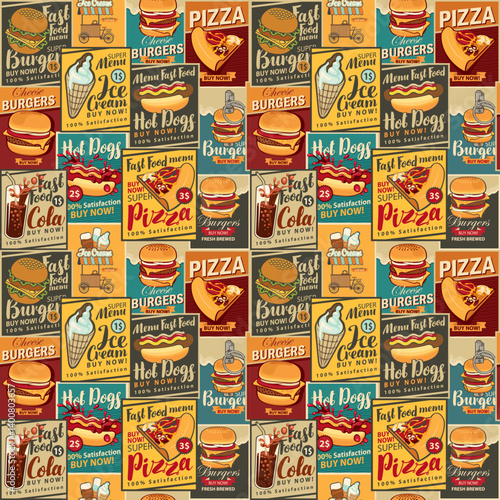 vector seamless retro pattern of posters on the theme of restaurants and shops fast food, drinks, pizzerias and ice cream. Hamburger, cheeseburger, hot dog