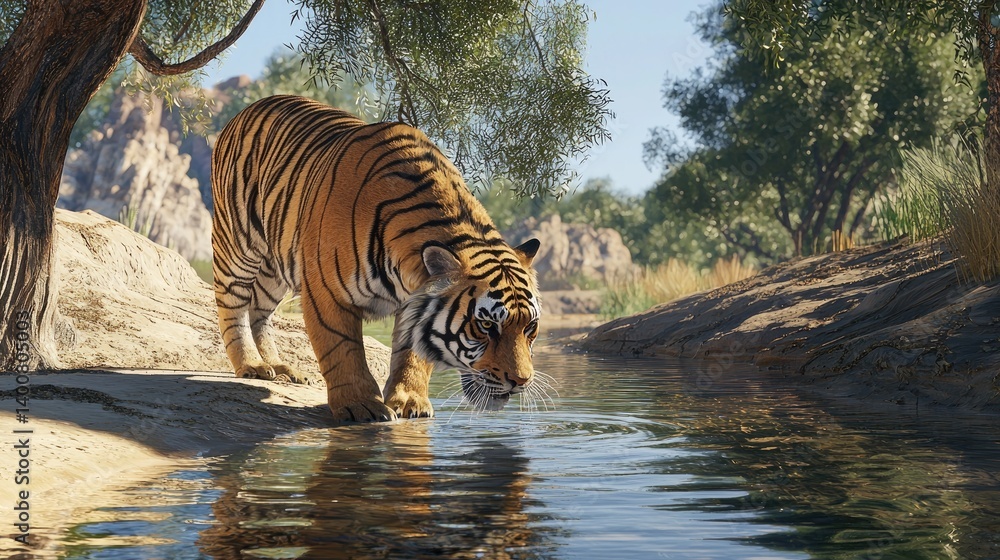 Fototapeta premium Majestic Tiger by the Creek: A Serene Wildlife Scene