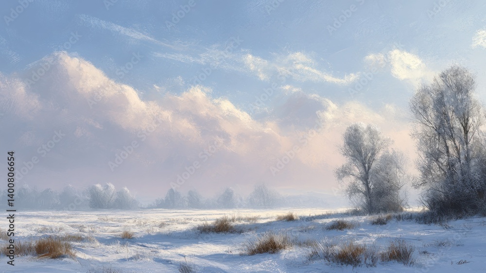 Winter landscape painting with snow-covered field and trees under soft sky