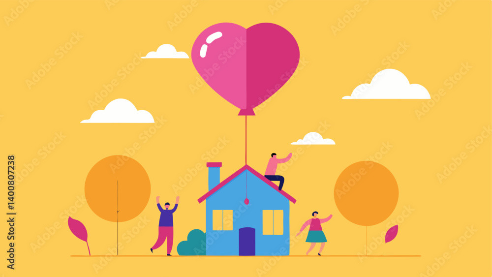 Goodbye Wave An illustration showing a quaint little house being lifted into the air by a giant heartshaped balloon. The balloon is illustrated with bright pink and yellow hues. Goodbye Wave An illustration showing a quaint little house being lifted into the air by a giant heartshaped balloon. The balloon is illustrated with bright pink and yellow hues.