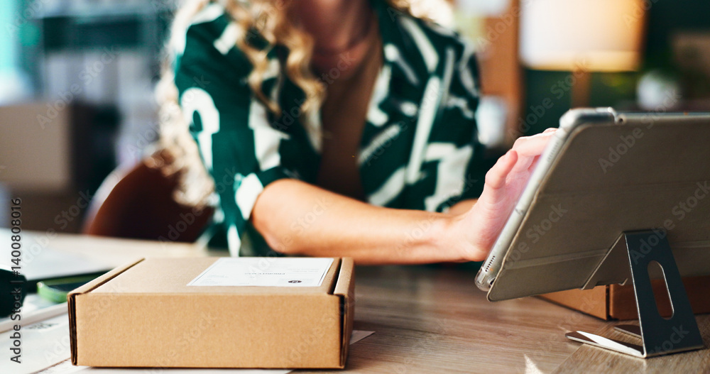 Box, hand on tablet and small business with person at desk in office for delivery or shipping schedule. App, logistics and supply chain with employee closeup in warehouse for ecommerce tracking Box, hand on tablet and small business with person at desk in office for delivery or shipping schedule. App, logistics and supply chain with employee closeup in warehouse for ecommerce tracking
