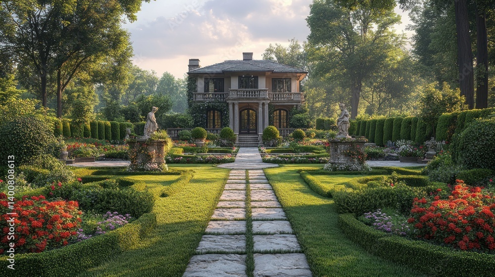 Obraz premium Serene Estate: A Picturesque Garden and Mansion