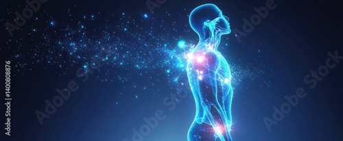 A glowing human body with sparkling energy flowing outward from it