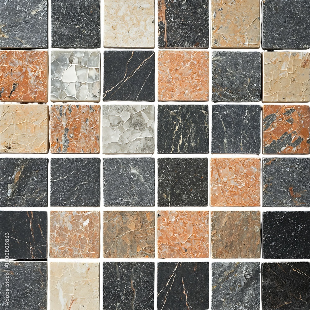A square mosaic tile arrangement featuring a wavy textured grid of glossy ceramic tiles in varying shades on a transparent background