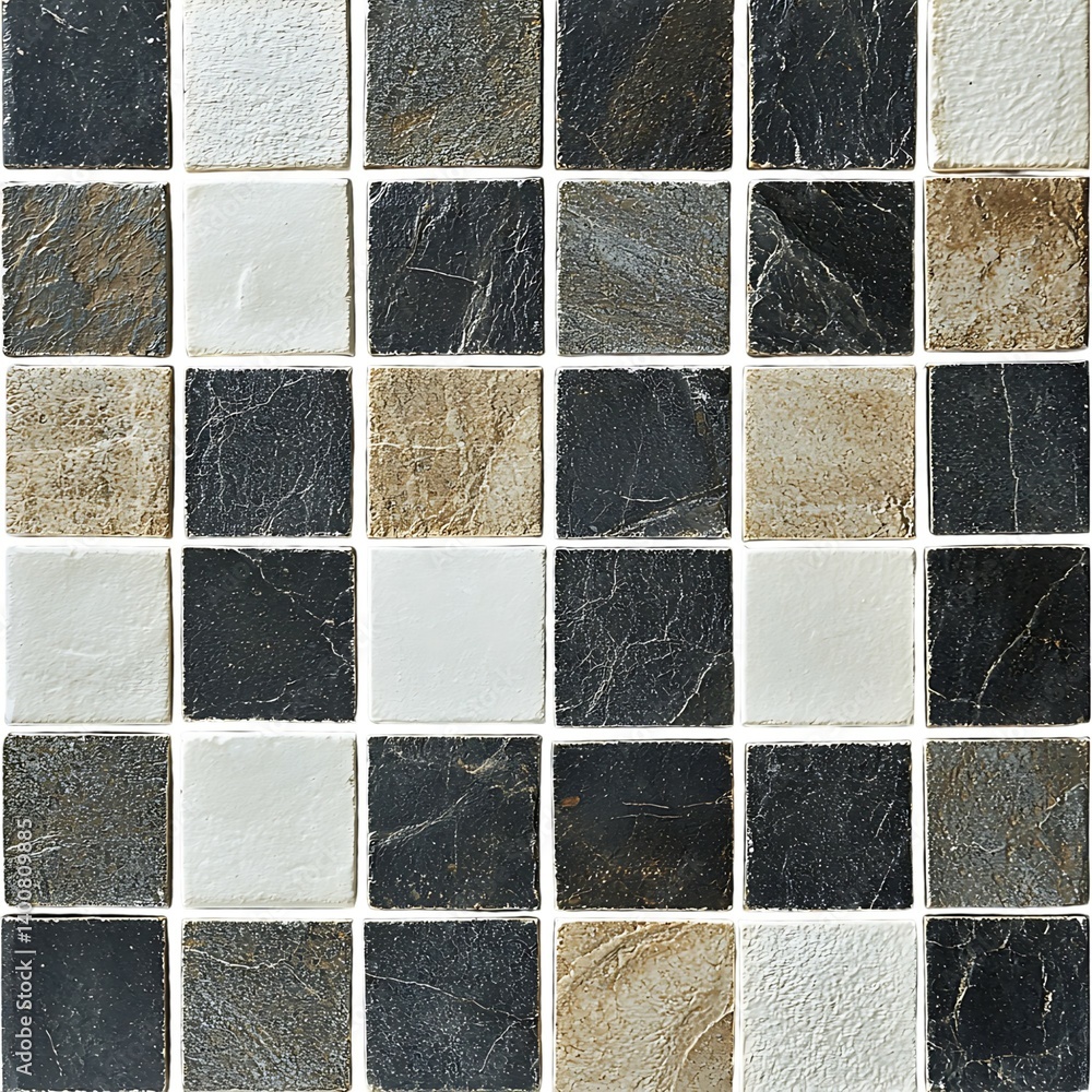 A square mosaic tile arrangement featuring a wavy textured grid of glossy ceramic tiles in varying shades on a transparent background
