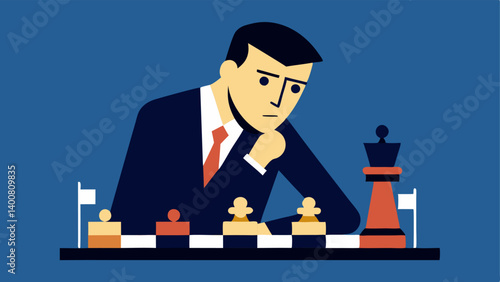 Chess Master An individual studying a chessboard with tactical expressions and pieces resembling people highlighting plotting and strategic thinking.