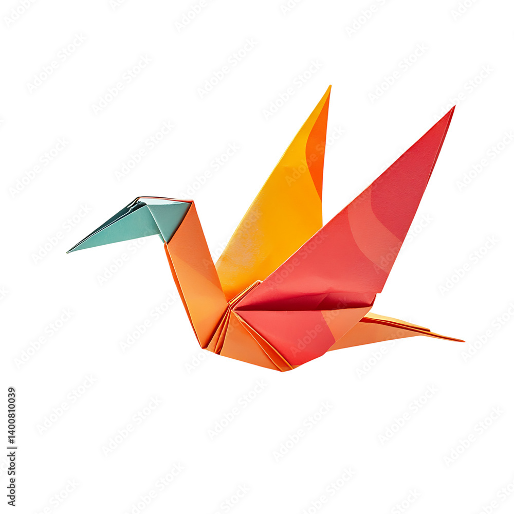 A brightly colored origami crane folded with sharp angles using red, orange, and teal paper standing upright against a transparent background