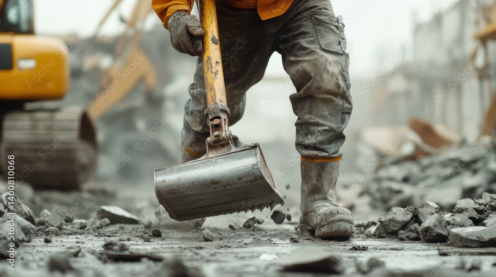 Roadwork specialist using a jackhammer to break concrete at a construction site. Featuring strength and focus Roadwork specialist using a jackhammer to break concrete at a construction site. Featuring strength and focus