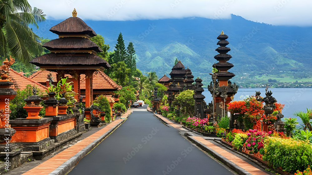 Scenic Balinese Temple Gateways at Lake Bratan with Distant Mountains Under Cloudy Sky in Indonesia