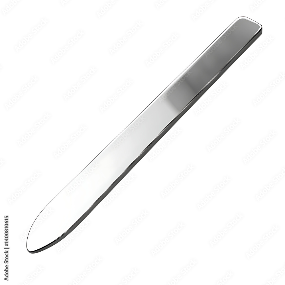 A sleek metal nail file with a tapered end and polished surface shown isolated on a transparent background for grooming or cosmetic use
