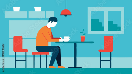 Lonely at Work A gig worker sitting at a small table in a coffee shop looking isolated a other busy workers ing the solitary nature of gig work.
